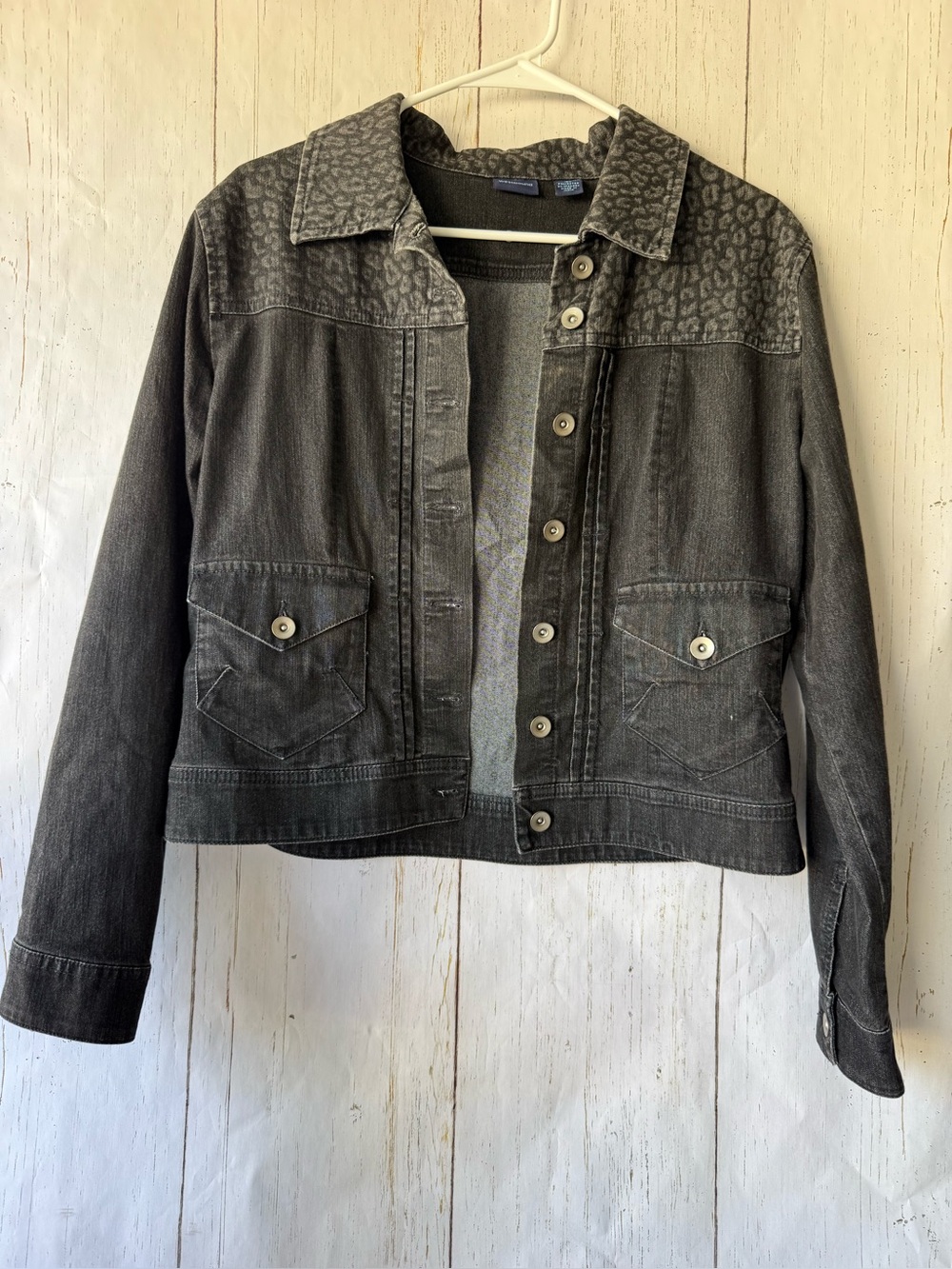 Westbound size 10 Womens Charcoal Gray Denim Jacket with Leopard Yoke